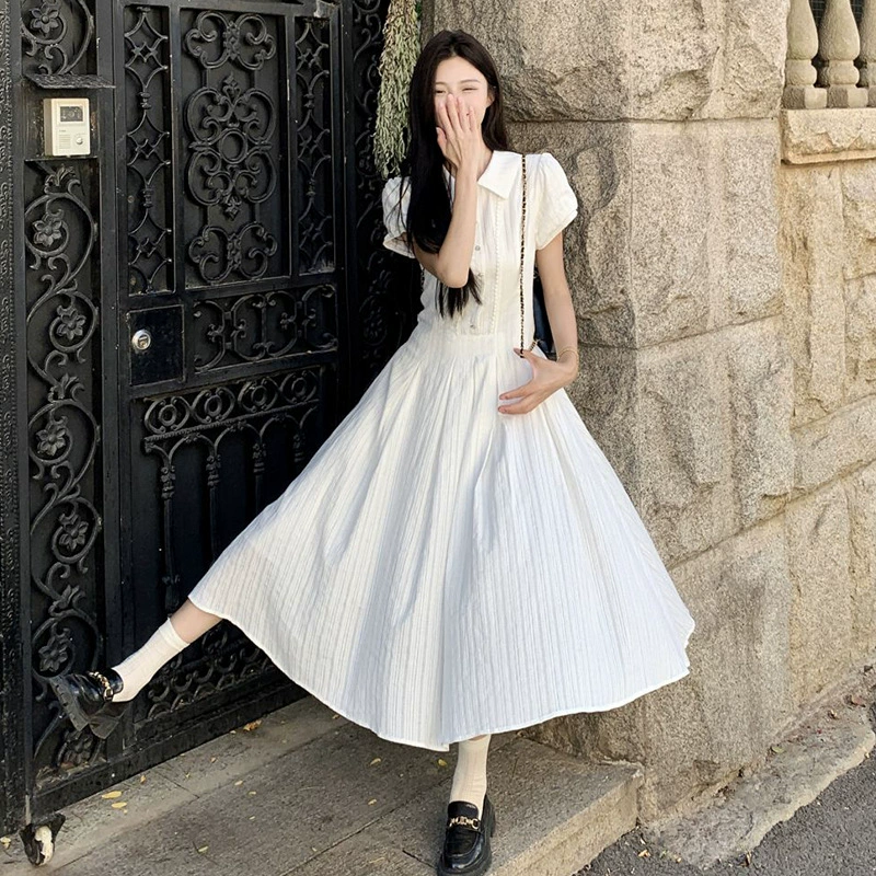 Французское платье-рубашка в стиле преппи для женщин, лето 2025, новинка, первая любовь, элегантное, красивое, с завышенной талией, длинная юбка