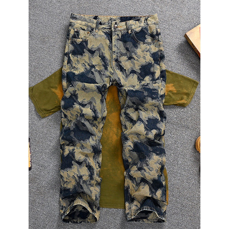 Men's Clothing Korean Style Retro Washed Distressed Jeans For Men, Loose Straight Leg Wide Leg Patchwork Tie Dye Print High Street Style Pants._voghion.com