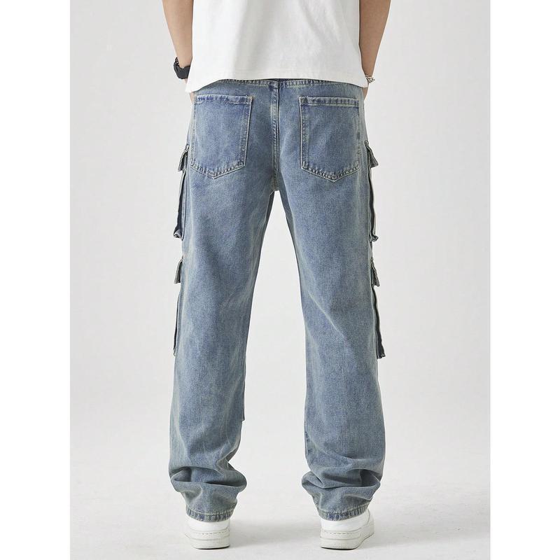跨境Men's Casual Washed Straight Leg Cargo Jeans Menswear|undefined