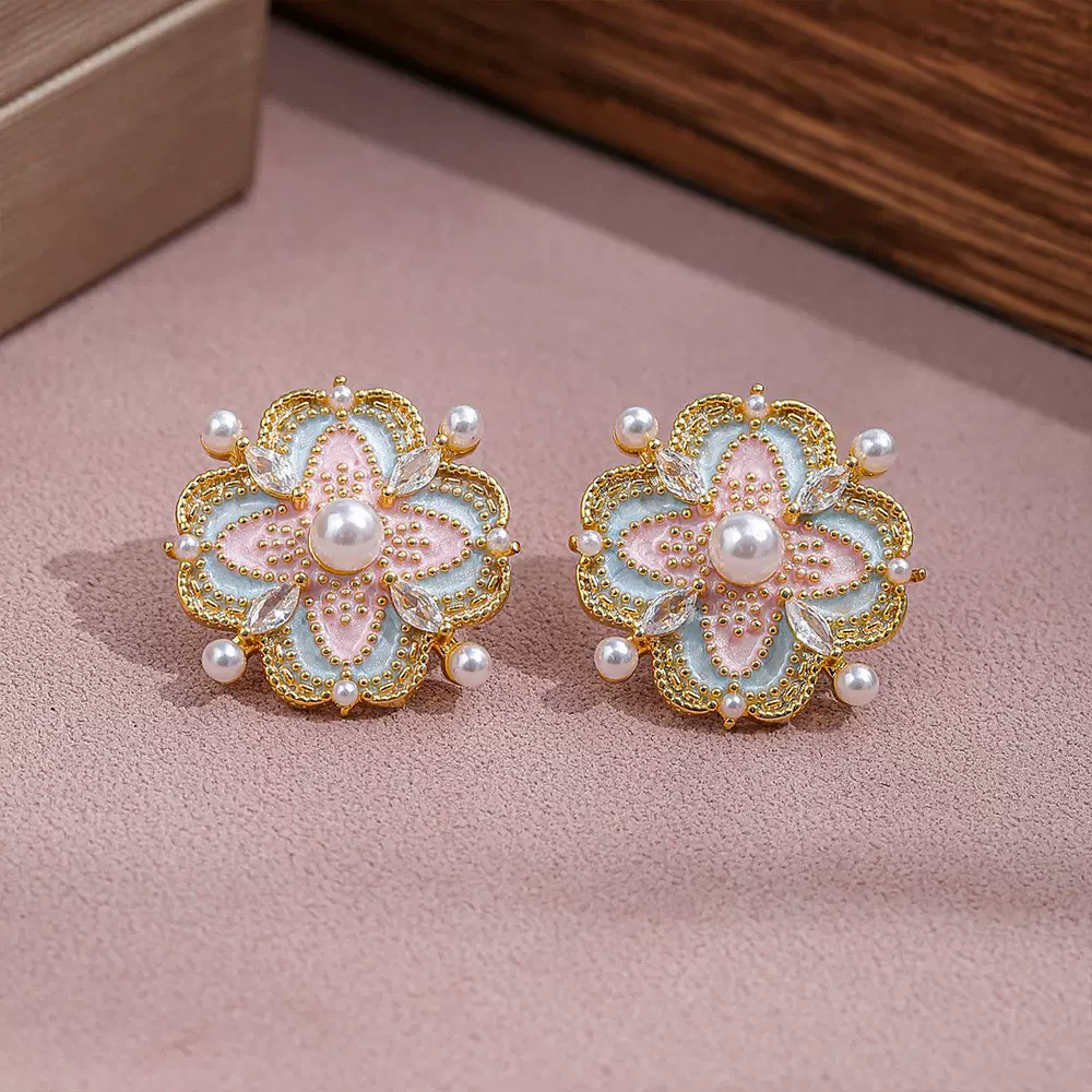抖音爆款珐琅滴油花瓣耳钉女新中式复古风高级感时尚精致珍珠耳饰
