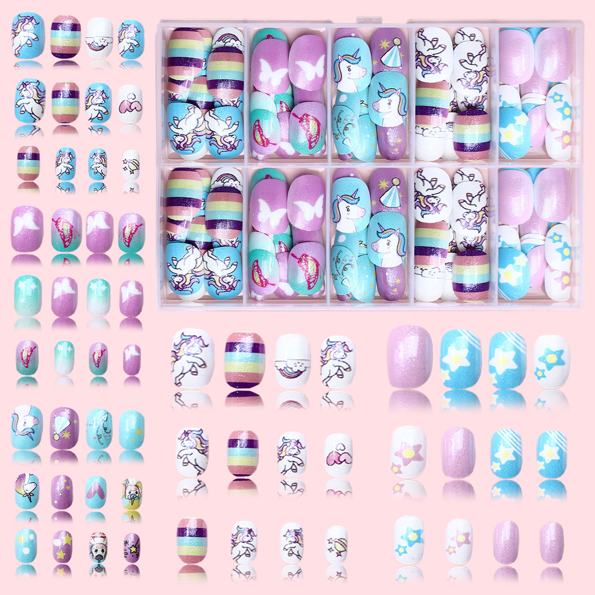 Nuevo niño impresión UV desgaste de uñas 120 piezas de caja de uñas falsas lindas dibujos animados mezclados parches de uñas