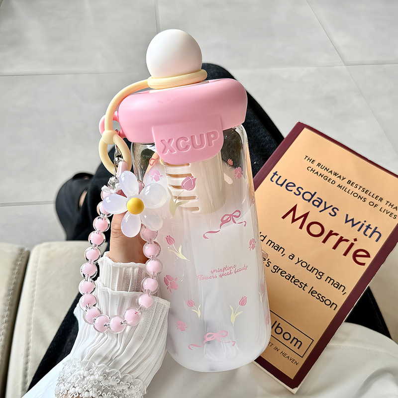 Glass Water Cup for Girls, High Aesthetic Value, 2026 Student Portable Straw Cup, Tea Cup, High Temperature Resistant Flower Tea Cup with Straw