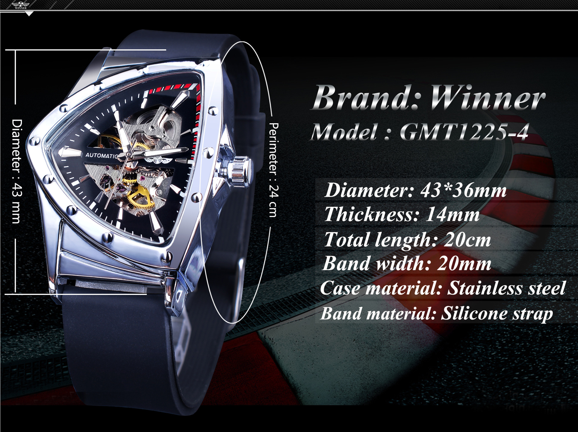 Winner Hollow automatisch mechanisch herenhorloge, siliconen band, polshorloge met zwarte wijzerplaat_voghion.com