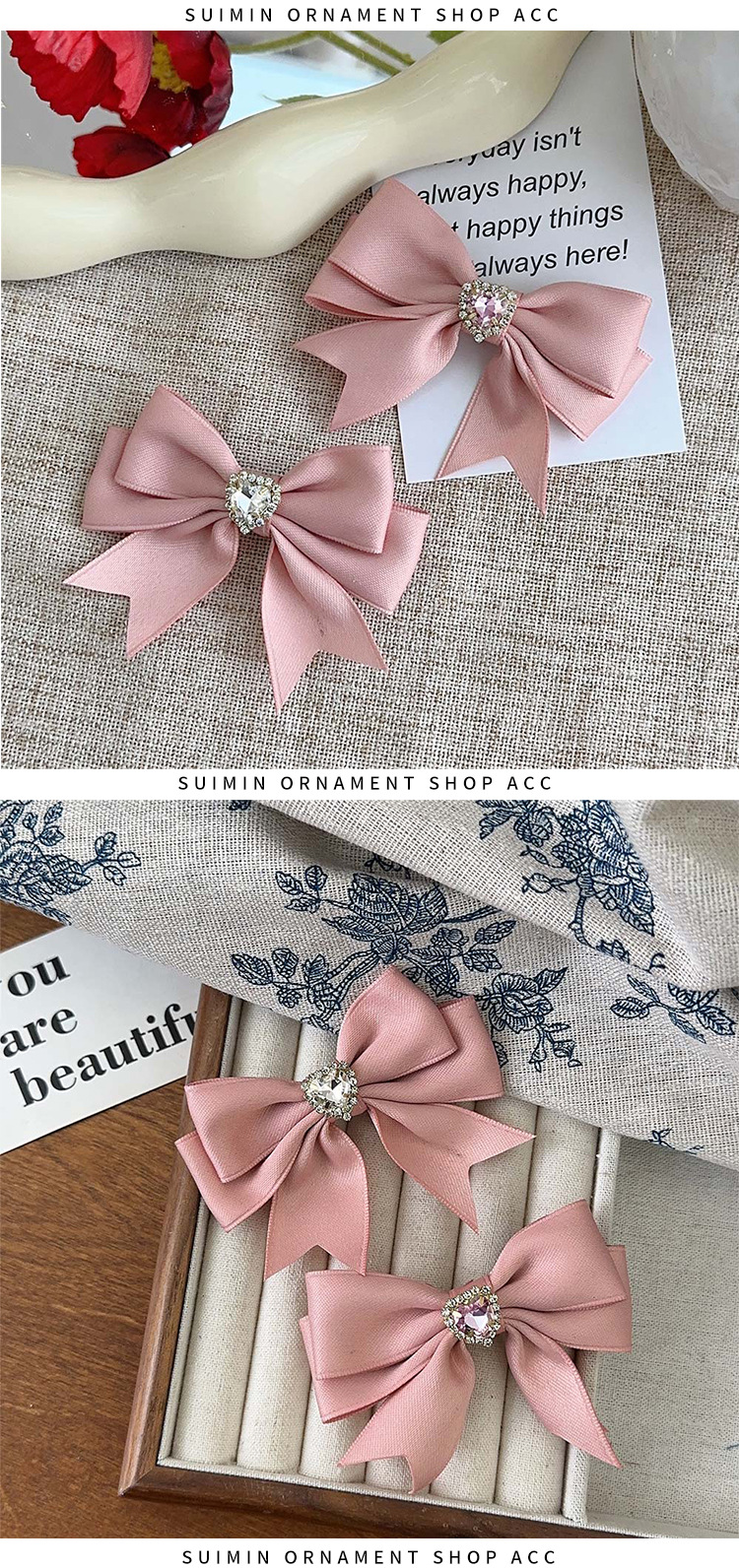 Women's Sweet Simple Style Heart Shape Bow Knot Alloy Cloth Inlay Rhinestones Hair Clip display picture 3