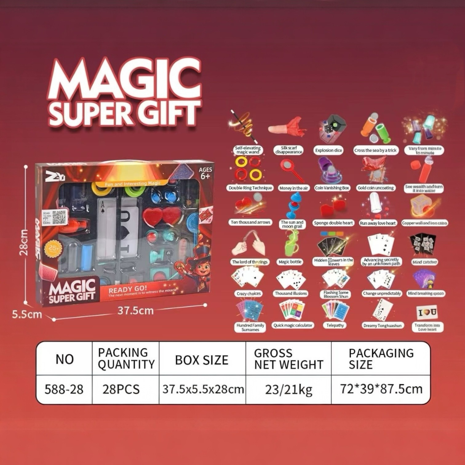 마술 소품 30개(가족 버킷이 포함된 영어 선물 상자에 담긴 상위 버전)