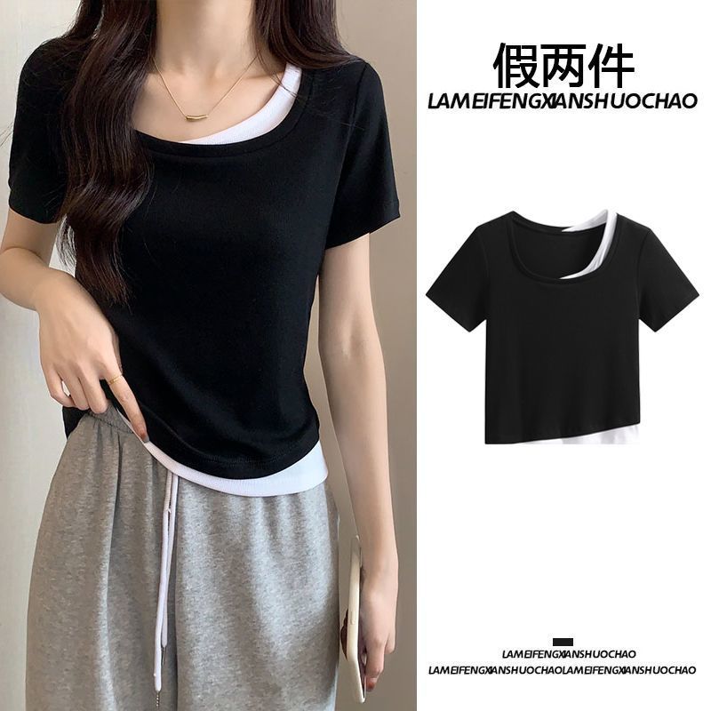Camiseta de manga corta para mujer verano 2024 falso diseño de nicho de dos piezas, todo fósforo, estilo puro, delgado, top corto, delgado, delgado