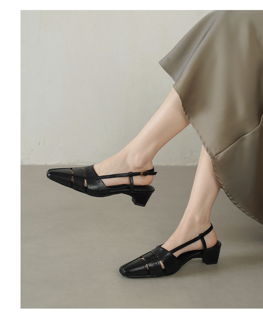 Sandal nữ da cừu gót thô quai ngang phong cách La Mã hở gót — đen chi tiết 10