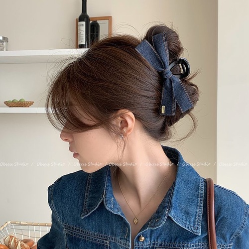 Korean fashionable denim bow tie clip 2025 new high-end hair clip back of the head large shark clip headwear