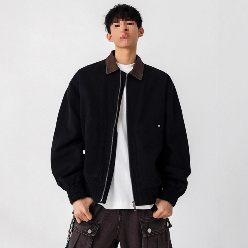Advanced Contrast Color Short Twill Jacket Men's Workwear Loose Jacket Spring and Autumn Korean Style Fashionable Cleanfit Retro