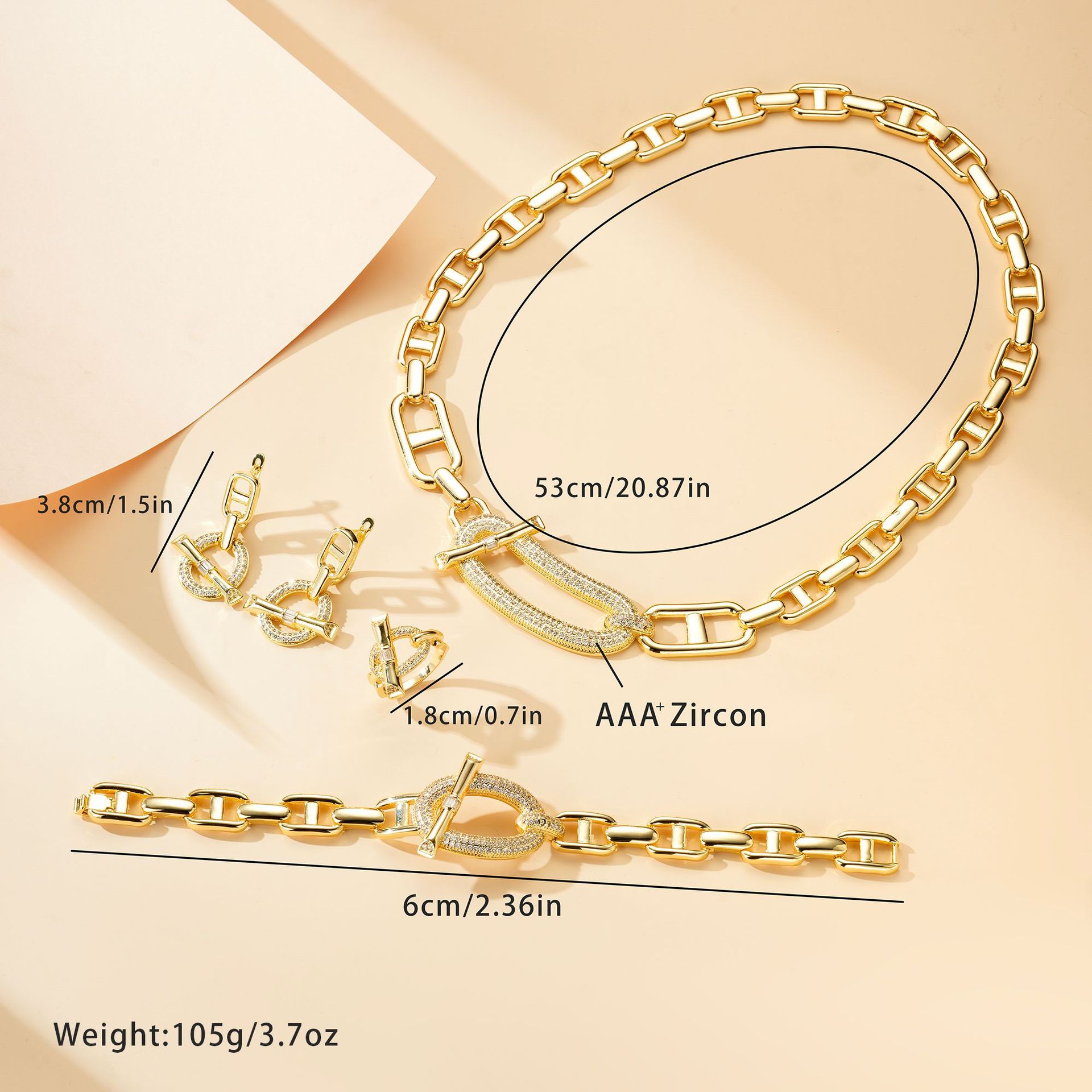 Transfronterizo de moda de alta gama cobre 14k conjunto de joyas barra transversal serie OT pulsera pendientes collar lujo ligero conjunto de cuatro piezas image 3