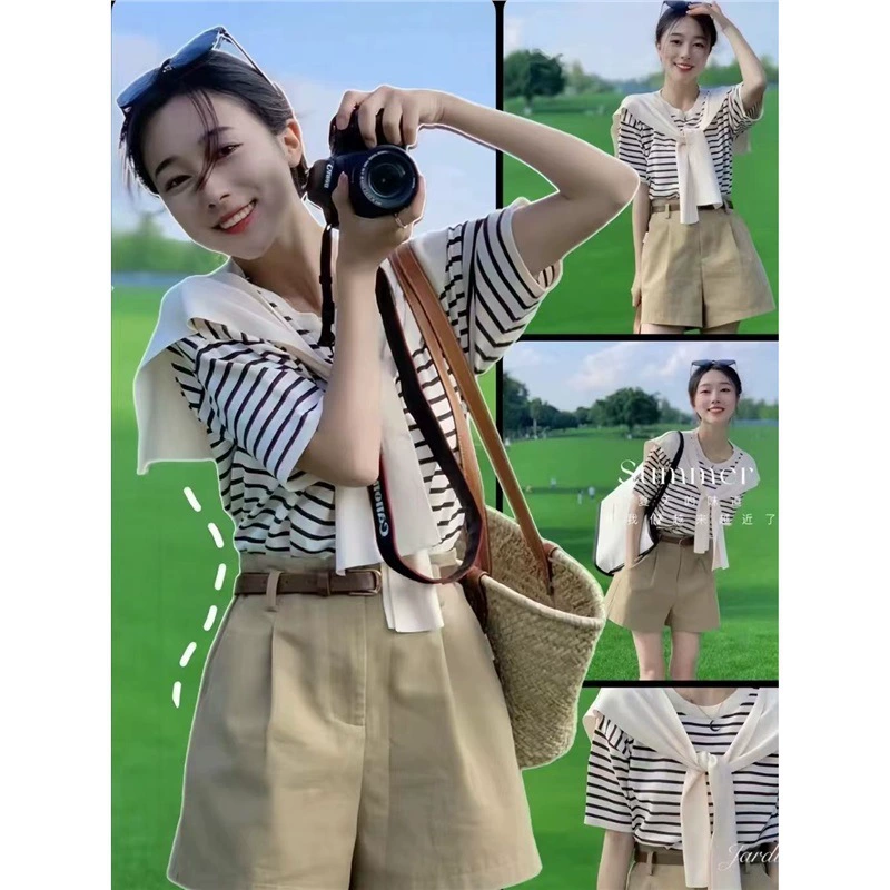 Летний комплект одежды в стиле соли для женщин: молодежный, слегка полный, стройнящий и скрывающий фигуру комплект из топа и шорт.