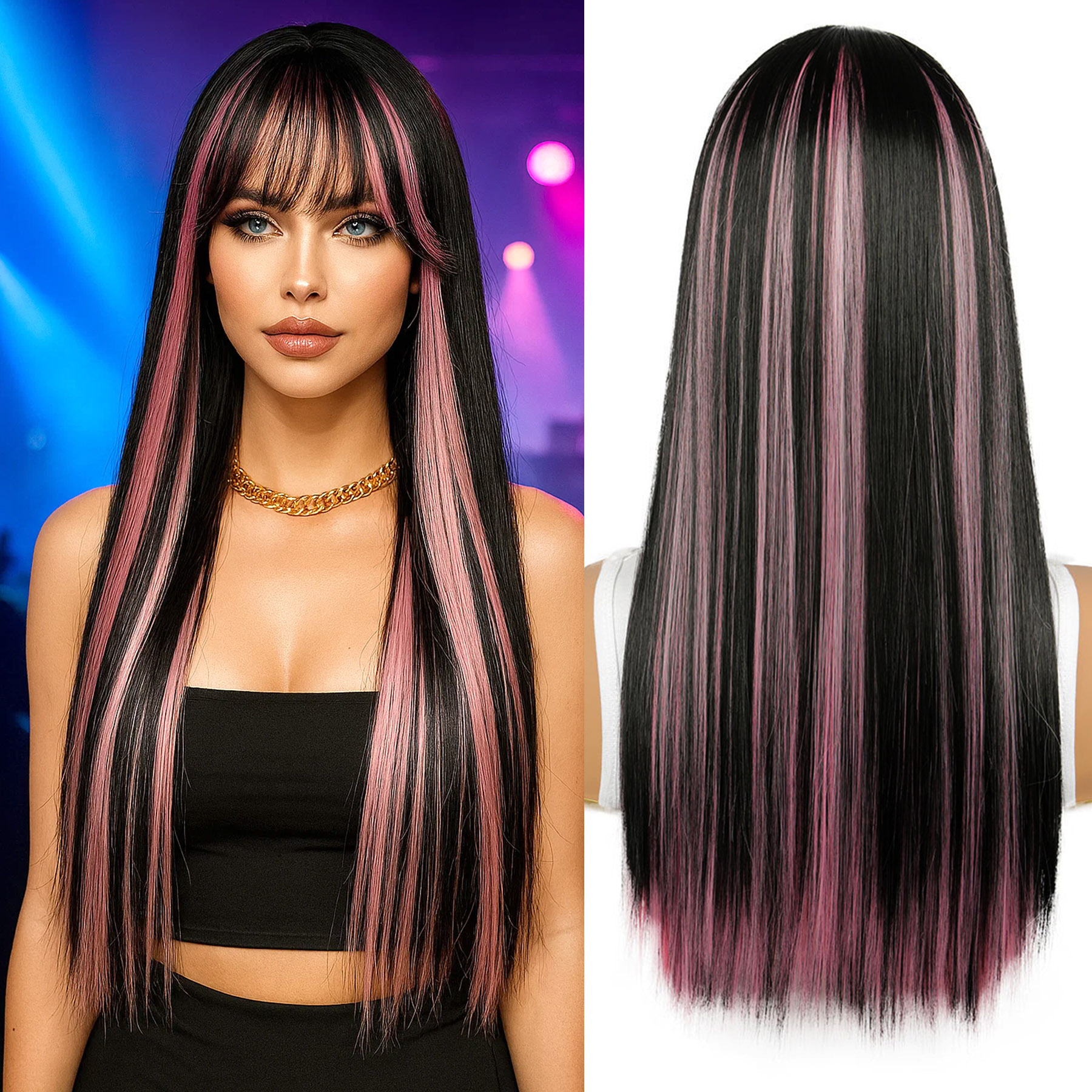 Ventas transfronterizas en caliente pelucas de cabello recto de cabello largo frangeo conjunto de fibra química polvo negro colorido cos fábrica al por mayor wig