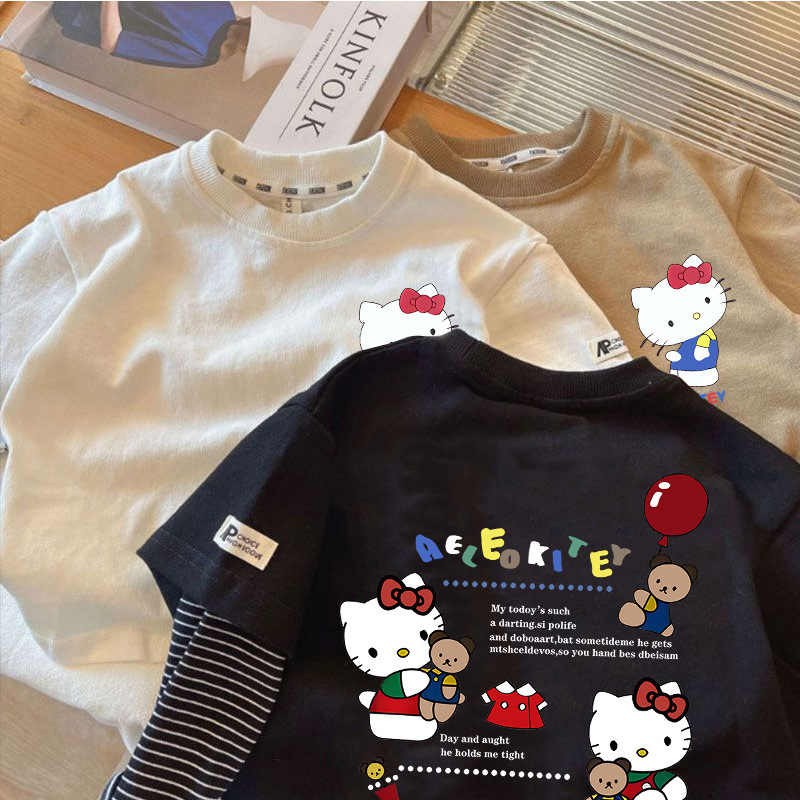 女の子長袖Tシャツ春秋子供ベビーハローキティラウンドネックボトムシャツフェイクツーピーストップt0087A008|undefined