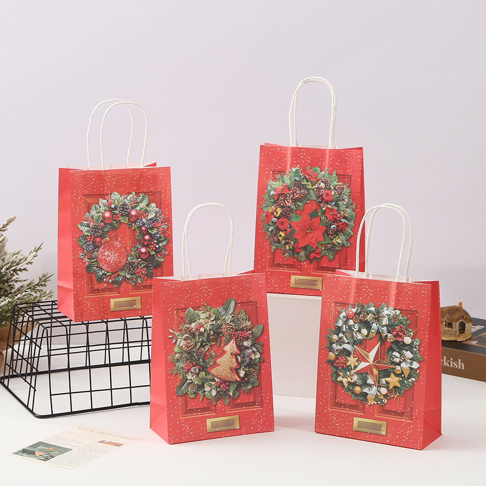 圣诞花圈牛皮纸袋大容量礼品包装袋圣诞节手提袋卡通彩印纸袋批发