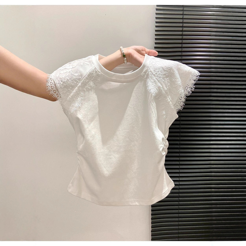 Lace Patchwork Round Neck Short-Sleeve T-Shirt for Women, Summer 2026 New Popular Style, Ruched Waist, Small Flutter Sleeves, Short Top