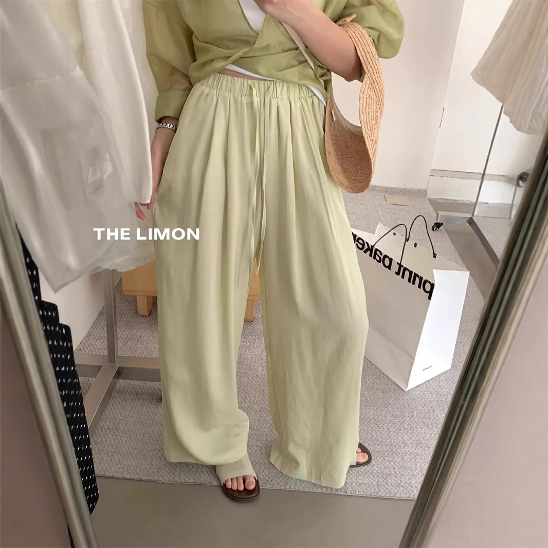 Liquidación, sin devoluciones ni cambios, color verde limón y té, pantalones rectos de pierna ancha con cordón elástico en la cintura para mujer, pantalones largos holgados, novedad de verano 2025. image 2