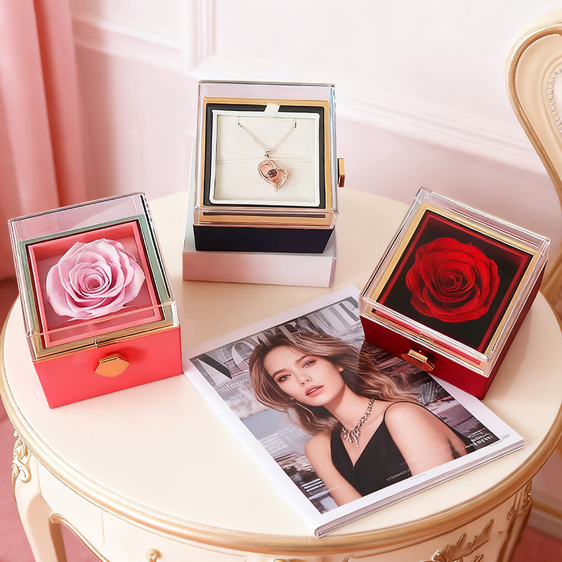 首饰盒永生玫瑰花项链旋转礼盒创意惊喜求婚表白永生花戒指盒批发