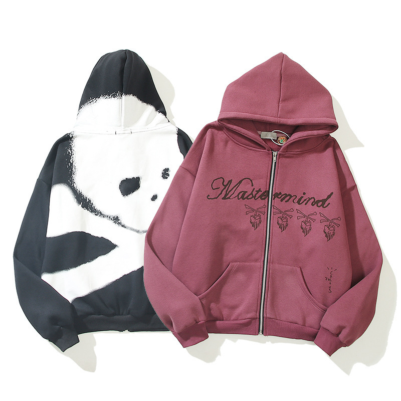 Autumn and Winter Trendy Travis Scott Skull Print Graffiti Alphabet Men's fleece-lined Zipper Hoodie Jacket