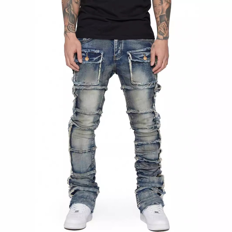 Men's Denim Tooling Straight Leg Pants European and American Fashion Ins Explosive Stretch Denim Laminated Men's Pants