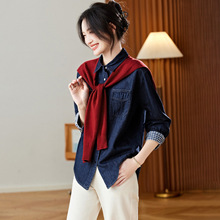 棉茧 韩系红披肩牛仔衬衫外套女春秋通勤显瘦百搭简约港风上衣