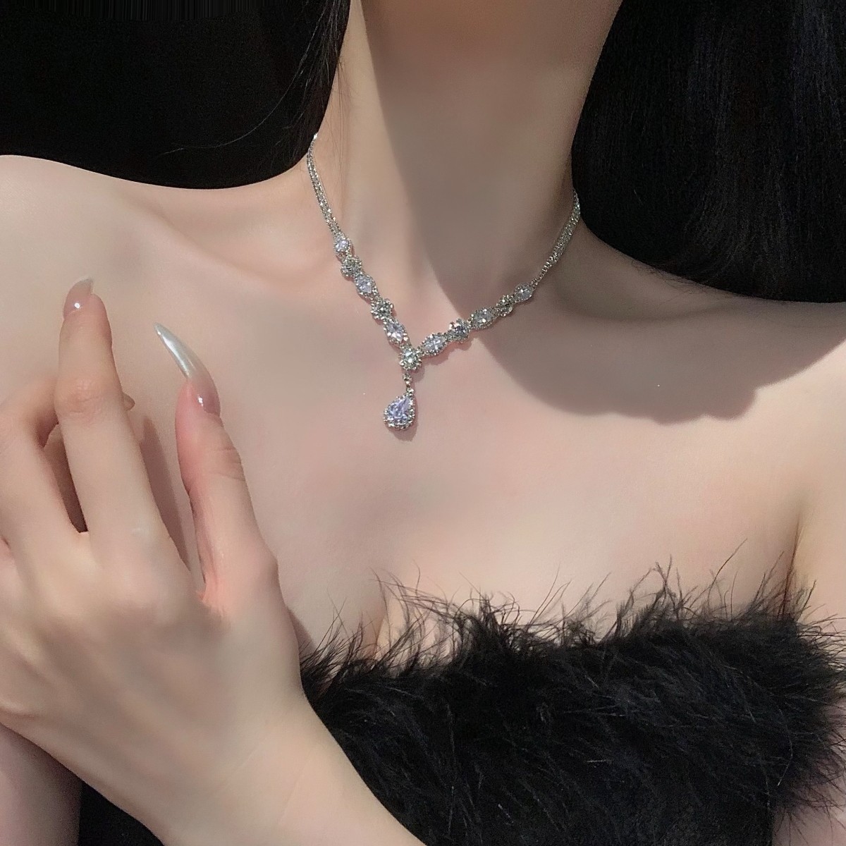 Funkelndes Wassertropfen-collier Mit Quasten Und Ohrringen_voghion.com