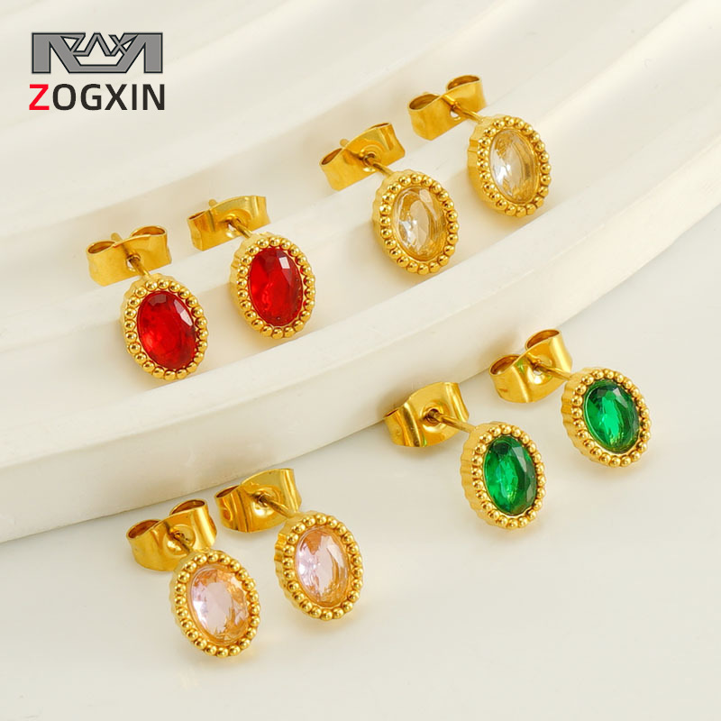 Transfronterizo nuevo acero inoxidable inserción de circón ovalado pequeños pendientes europeos y americanos simples de acero de titanio pendientes de lujo al por mayor