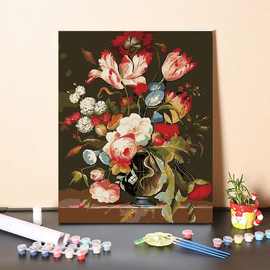 数字油画手工填充欧式复古花卉手绘涂色客厅装饰丙烯油彩画画