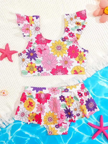 Specially Designed for Foreign Trade, New European and American Style Children's Swimwear, Girls' Two-Piece Swimsuit with Ruffled Skirt Style, Vacation Swimwear