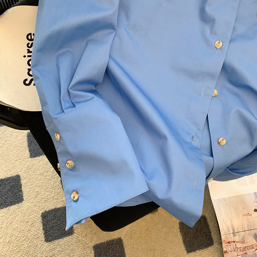 Blue Metal Button Embroidered Polo Collar Women's Shirt 2024 Autumn New High-End Loose Casual Elegant Top