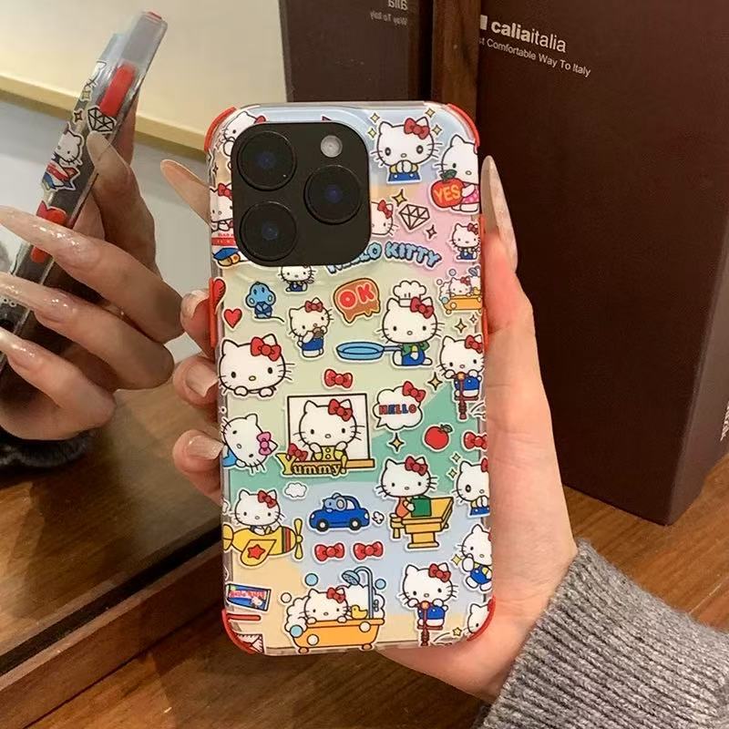 Ilustración de kt de pantalla completa de dibujos animados para iphone15 cuatro esquinas retráctil 16ProMax funda para teléfono móvil Apple 14 femenino 13