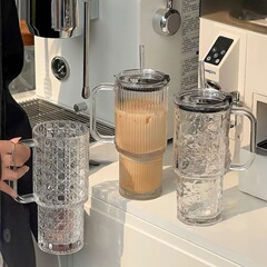 大容量玻璃杯巨无霸带把手吸管杯女生高颜值带盖办公室咖啡水杯子