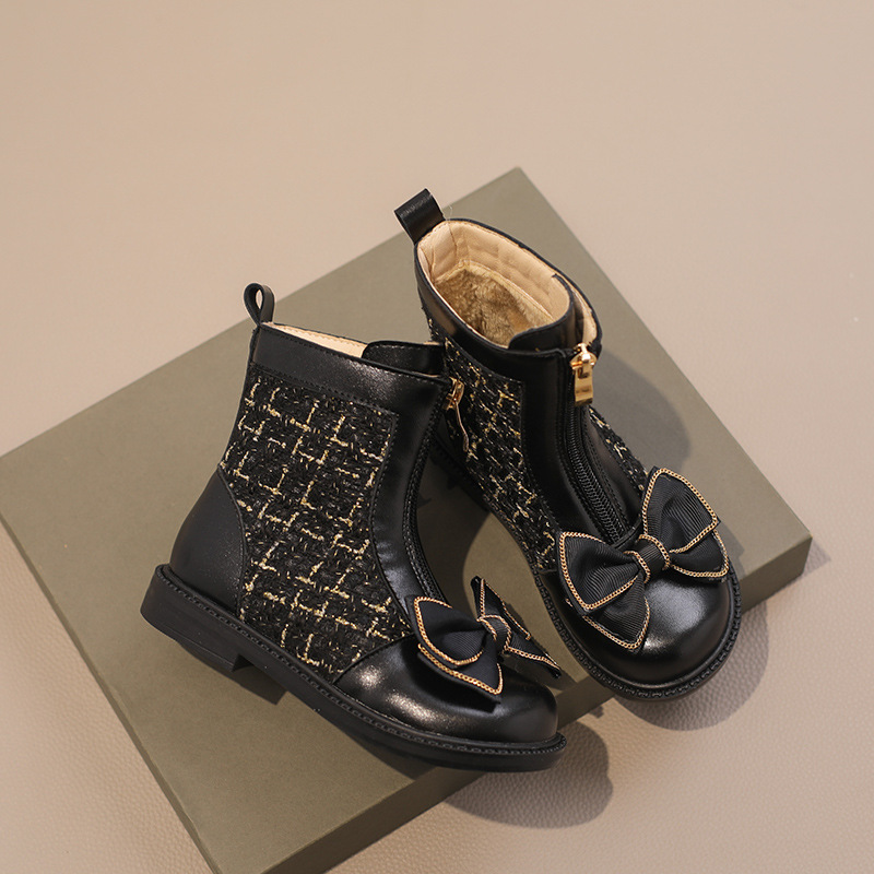 Gyerekcipők, téli, új stílusú, bársonyos, gyerek csizma, kislány rövid csizma, divatos, masnis bőr csizma_voghion.com