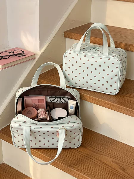 Polka Dot Cosmetic Bag, Large Capacity, Three-Layer Partitioned Storage, Waterproof, Portable Travel Toiletry Bag, Dropshipping Available