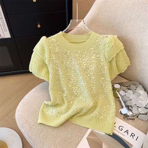 French sparkling bud sleeveless sweet knit top for women 2025 summer round neck youth short sleeve top
