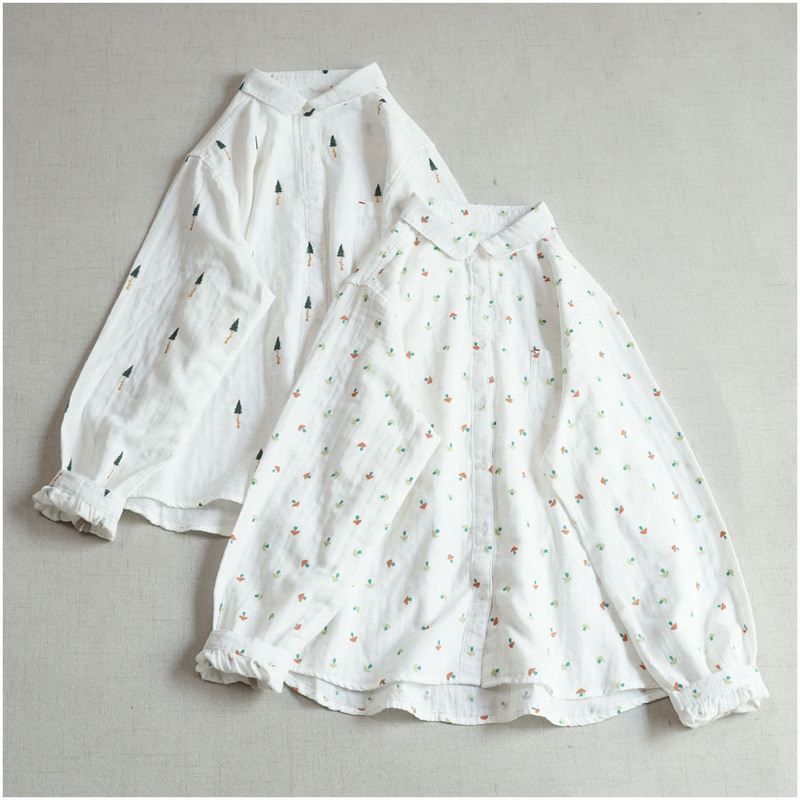 Double-Layer Cotton Gauze Soft Breathable Cotton Comfortable Shirt Artistic Versatile Loose Spring and Autumn Printed Top