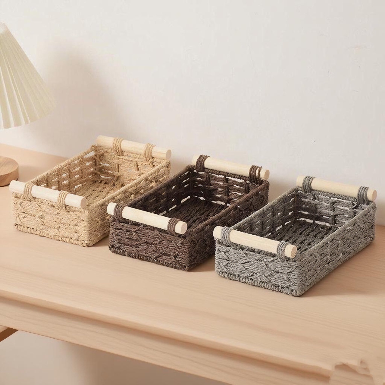 Amazon venta caliente de escritorio canasta de almacenamiento cajas de caña juguetes de alta calidad snack estantes tiendas transfronterizas