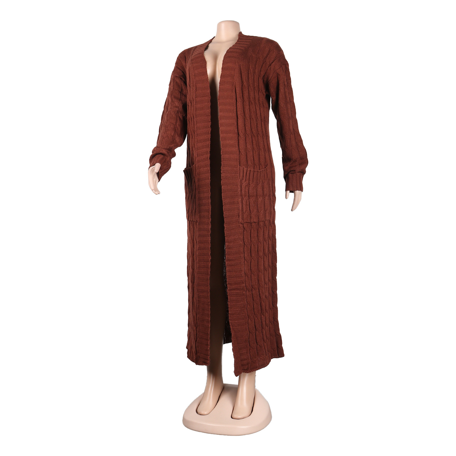 Damen Strickjacke Lang Aus Grobstrick In Unifarben Wintermantel_voghion.com
