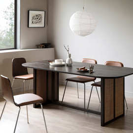 北欧实木藤编餐桌椅组合侘寂风椭圆形饭桌家用小户型工作台长方形