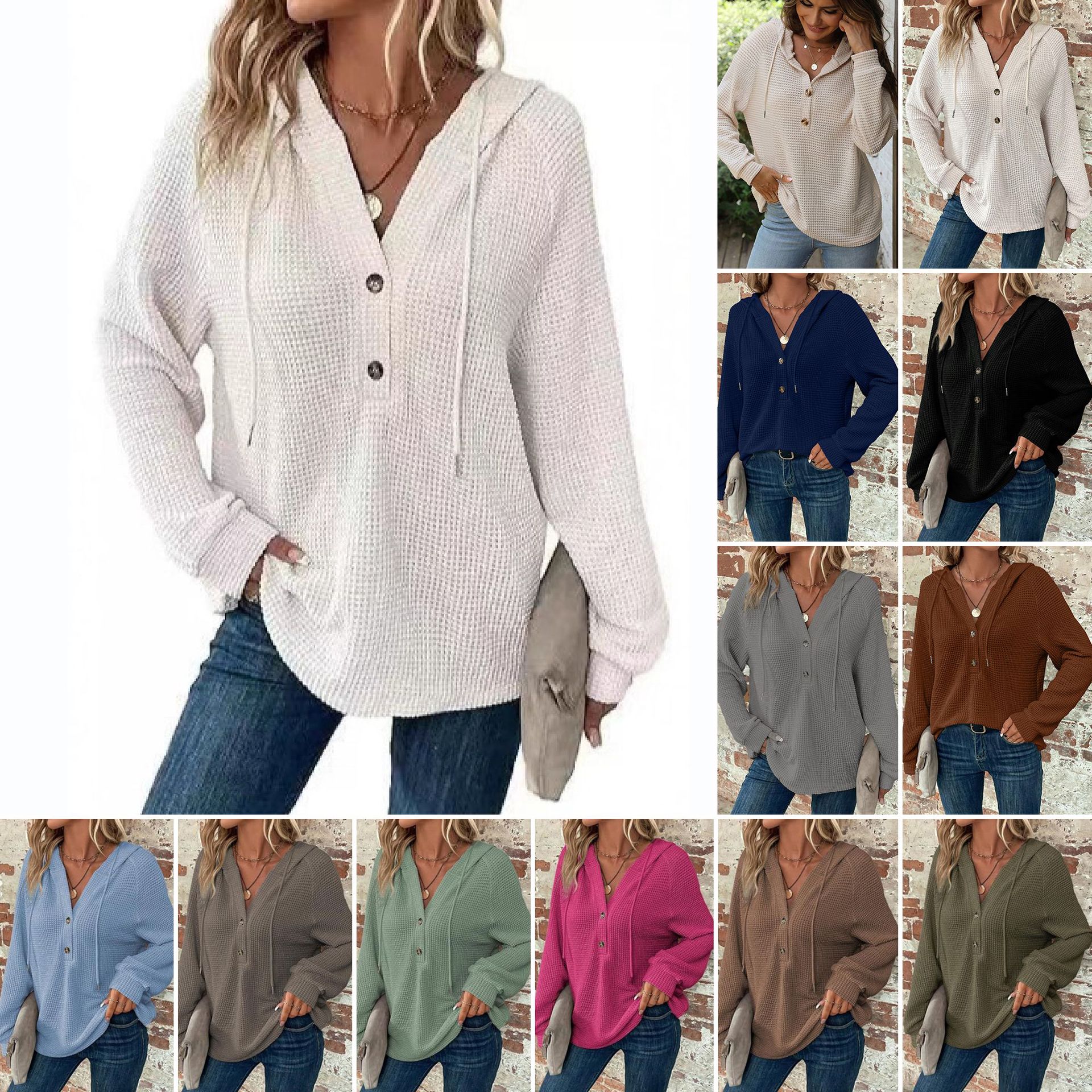 2025亚马逊跨境秋冬女装纯色长袖v领上衣 连帽纽扣卫衣外套女