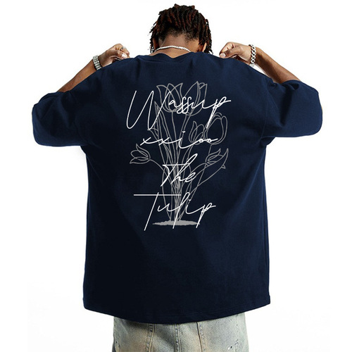 WASSUP Rose Heavy Cotton Short Sleeve American Streetwear Couple Running Sweatshirt Heavy Cotton T-Shirt for Men