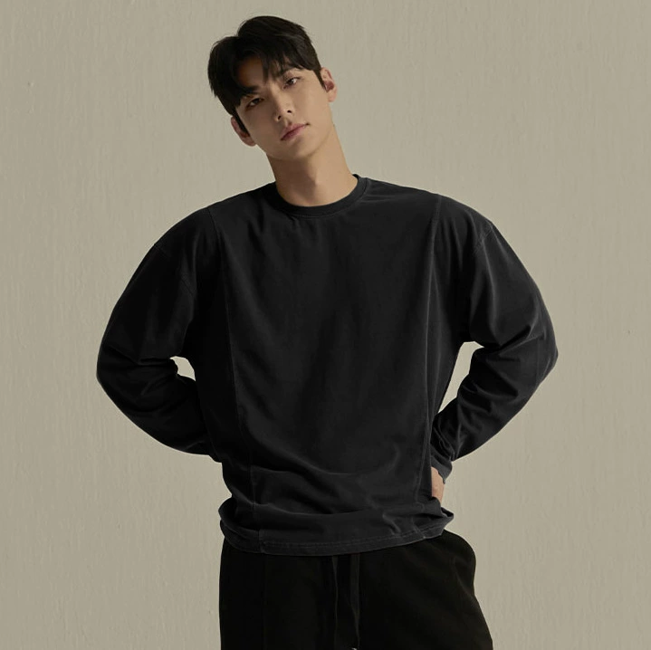 230 г осенне-зимний новый спортивный круглый воротник ретро свободная рубашка с плечами и нижней рубашкой сплошной универсальный эластичный топ с длинными рукавами