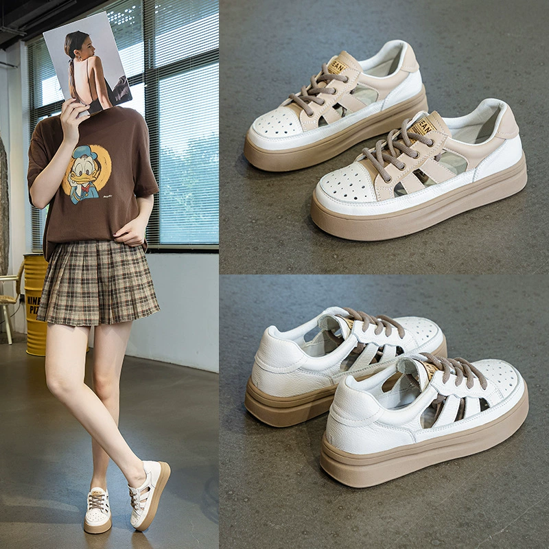 Женские повседневные туфли из натуральной кожи (первый слой), новинка 2025 года, весенне-летние ажурные сандалии на толстой подошве, перфорированные туфли, универсальные туфли для медсестер