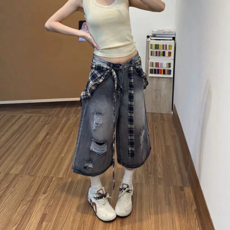 Distressed Ripped Denim Capri Pants for Petite Women, Slim Fit, Summer Thin Style, Loose Casual Versatile Wide-Leg Capri Pants for Women