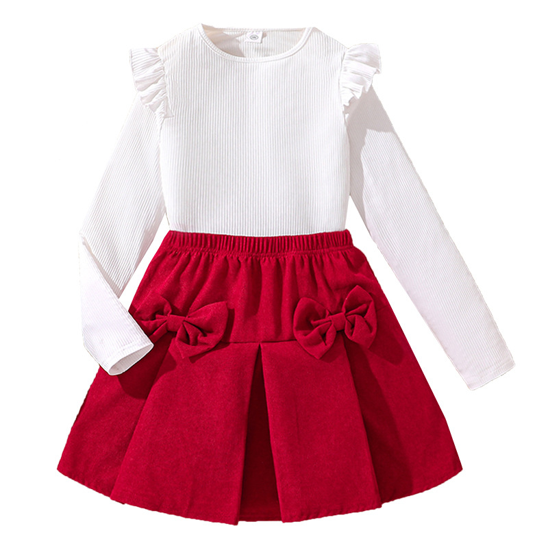 Completo moda bambina, gonna a mezza manica con fiocco grande, top a maniche lunghe, novità autunno e inverno, abbigliamento per bambini di medie dimensioni_voghion.com