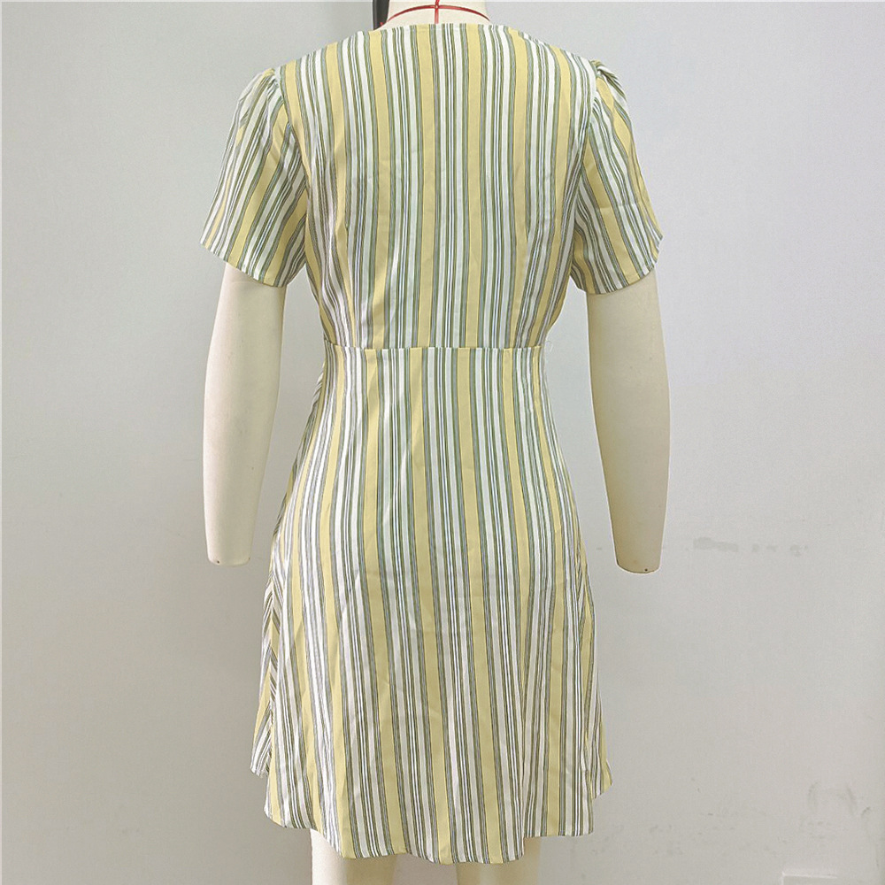 Summer Lemon Yellow Striped Sexy Women Dress V-neck Vitality Sweet Short Sleeve Dress
