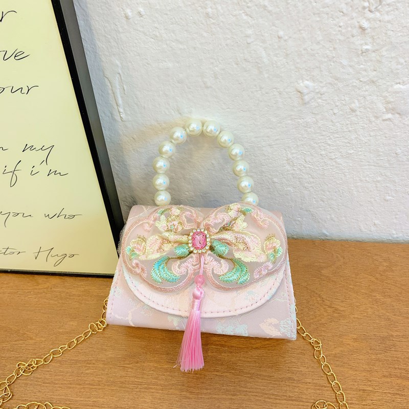 Bolso de princesa de niñas 2025, otoño nueva chica lindos bordillos de encaje mochila bolso de perlas de estilo chino Aisha