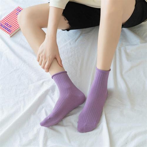 Summer trendy women's solid color vertical stripe mid-calf socks, candy color tassel socks with rolled edges, simple and elegant.