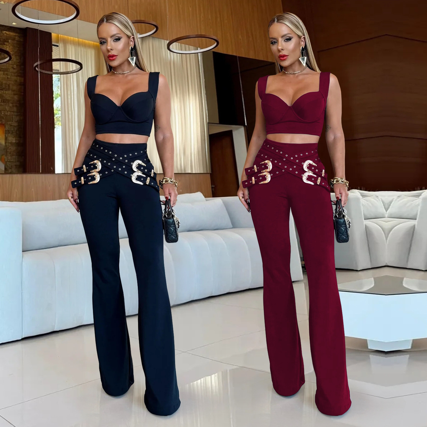 C7540 Aliexpress transfronterizo amazon ropa de moda europea y americana, ropa de mujer casual sexy, blusas de botón de ojos, pantalones largos, set