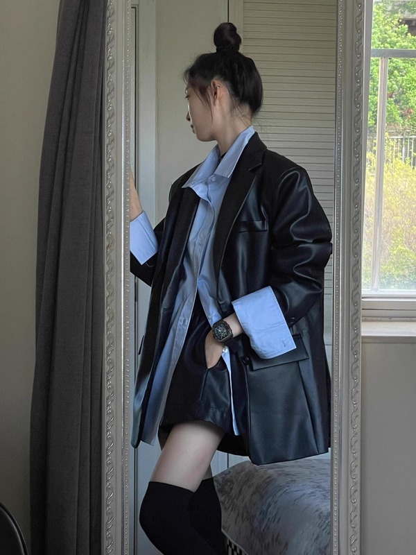 皮衣西装外套女2025早秋外套新款黑色复古宽松休闲气质感上衣|undefined