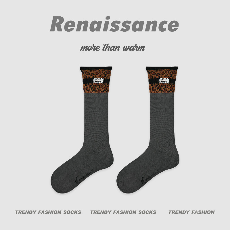 Renaissance秋冬新款中筒袜假两件堆堆袜拼色学院风ins潮袜子女|undefined